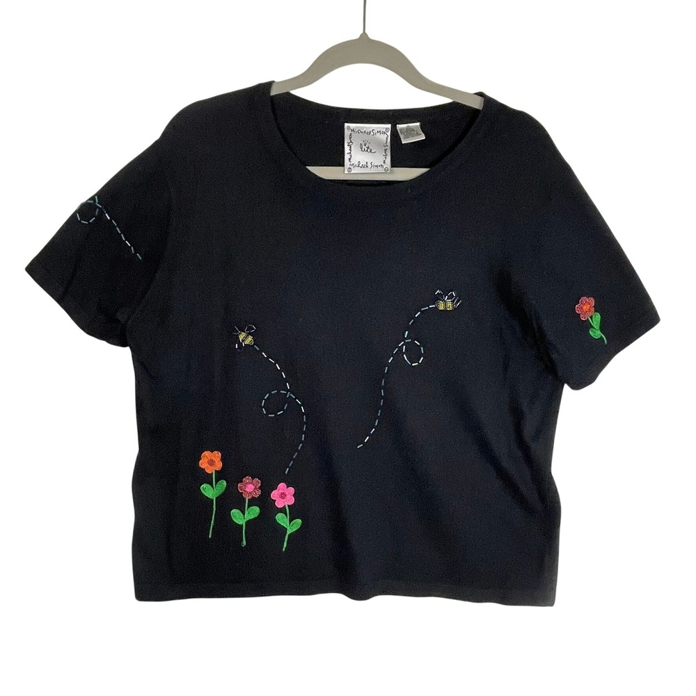 Michael Simon Lite Top XL Y2K Black Silk Blend Embroidered Beaded Bee‎ Floral